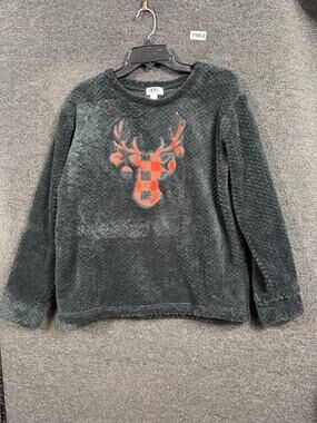 NYC Sweatshirt Womens Size L Gray Fleece Reindeer Buffalo Plaid Holiday